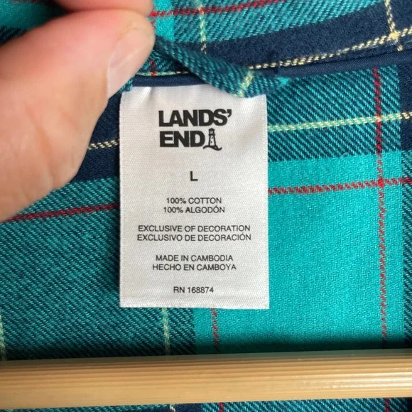 Lands End Womens Teal Navy Blue Plaid Flannel Pajama Set Cotton Size L - Picture 4 of 8